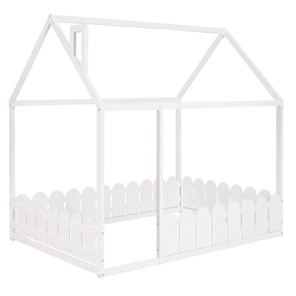 Full Size Wood Bed House Bed Frame with Fence for Kids (White)