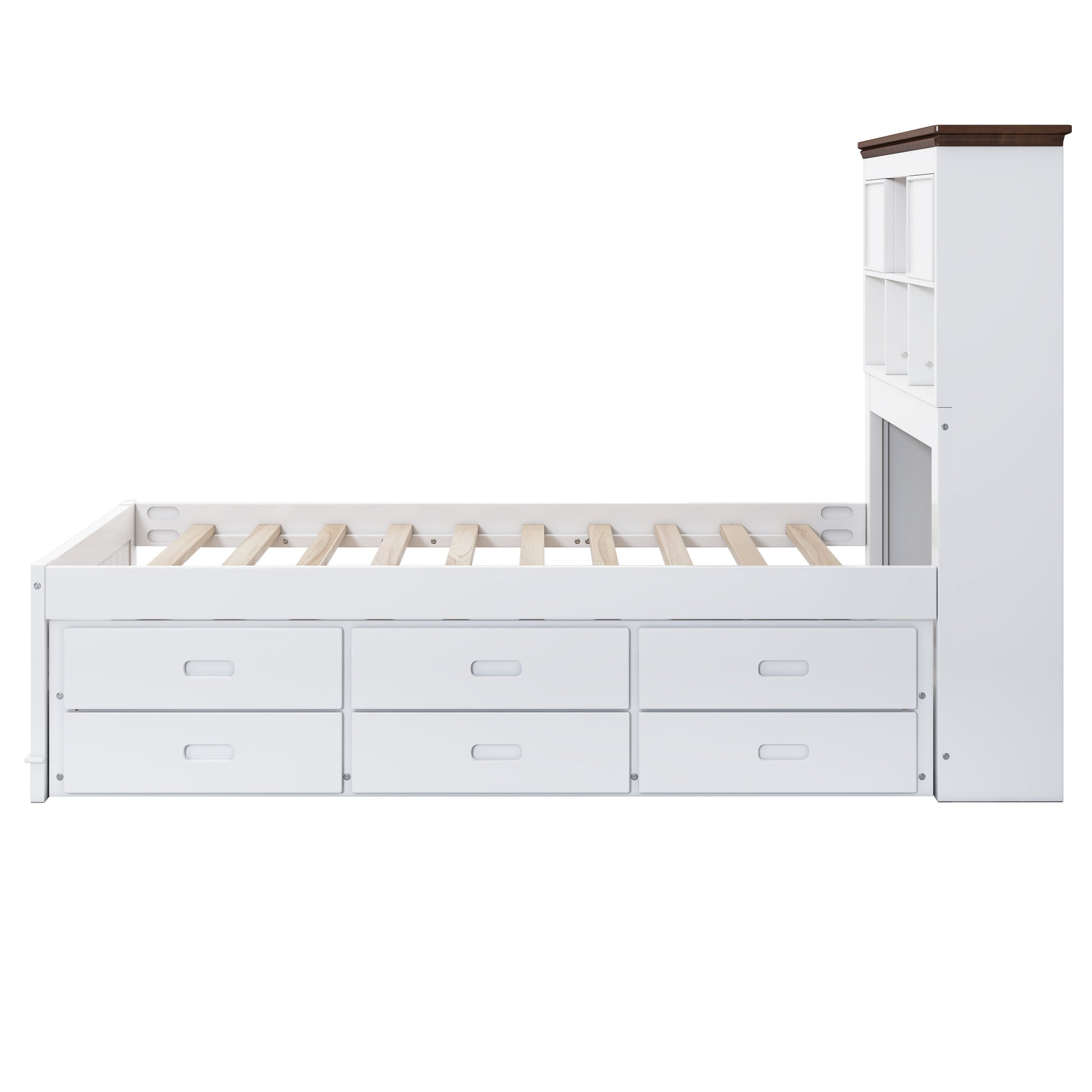 Solid Pine Captain Bookcase Bed with Trundle Bed and 3 Spacious Under Bed Drawers in Casual,Full, White+Walnut - Tampa Home & Garden Store