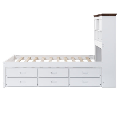 Solid Pine Captain Bookcase Bed with Trundle Bed and 3 Spacious Under Bed Drawers in Casual,Full, White+Walnut - Tampa Home & Garden Store