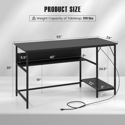 55 Inch Computer Desk with 4 Power Outlets and CPU Stand