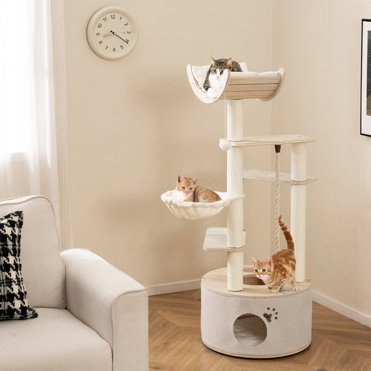 55.5 Inches Tall Wooden Cat Tree with Washable Plush Cushions for Indoor Cats - Tampa Home & Garden Store