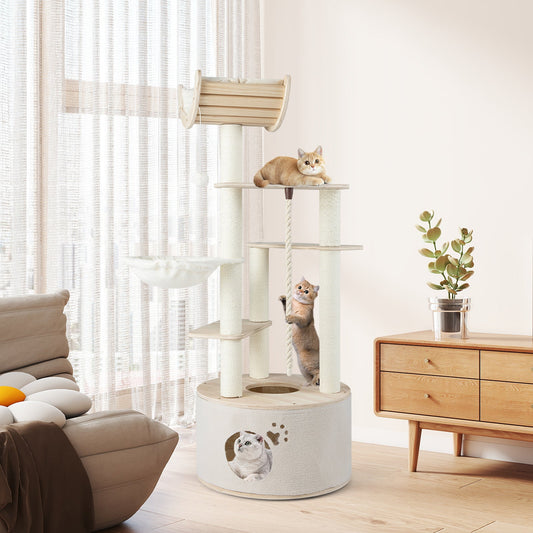 55.5 Inches Tall Wooden Cat Tree with Washable Plush Cushions for Indoor Cats - Tampa Home & Garden Store