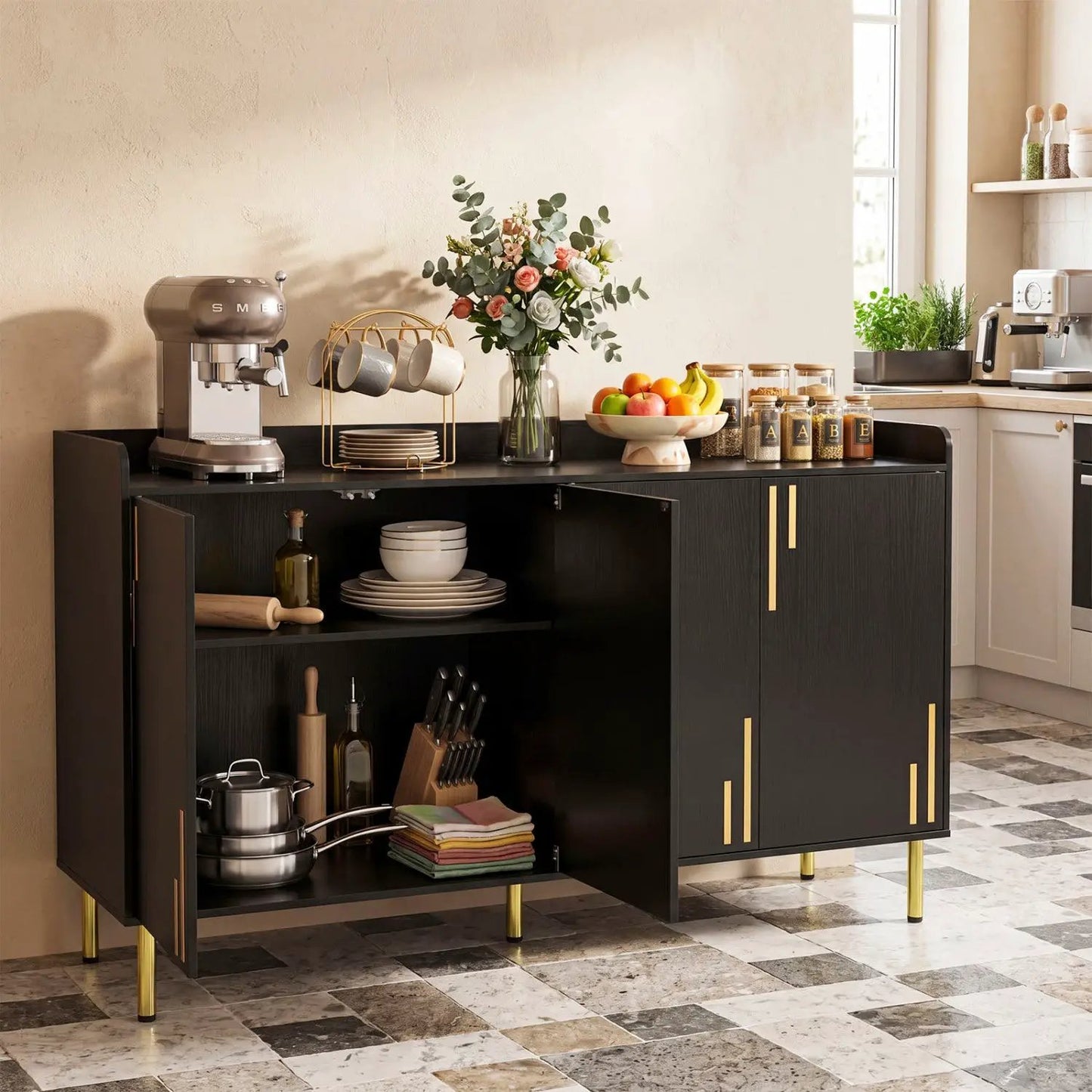55 Inch Buffet Cabinet 4 Doors and Metal Legs