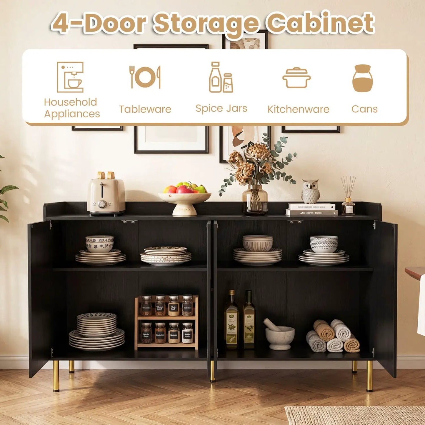 55 Inch Buffet Cabinet 4 Doors and Metal Legs