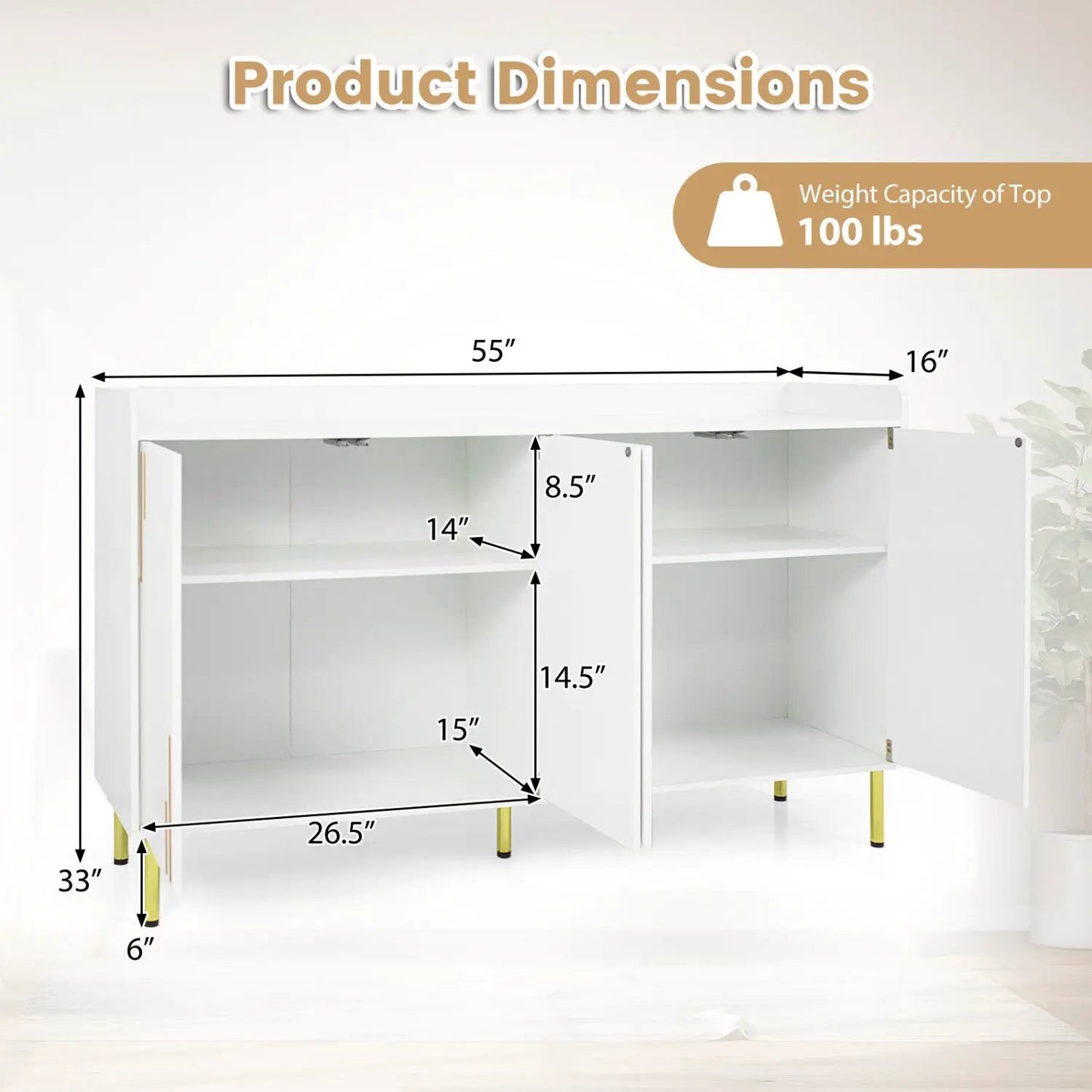 55 Inch Buffet Cabinet 4 Doors and Metal Legs