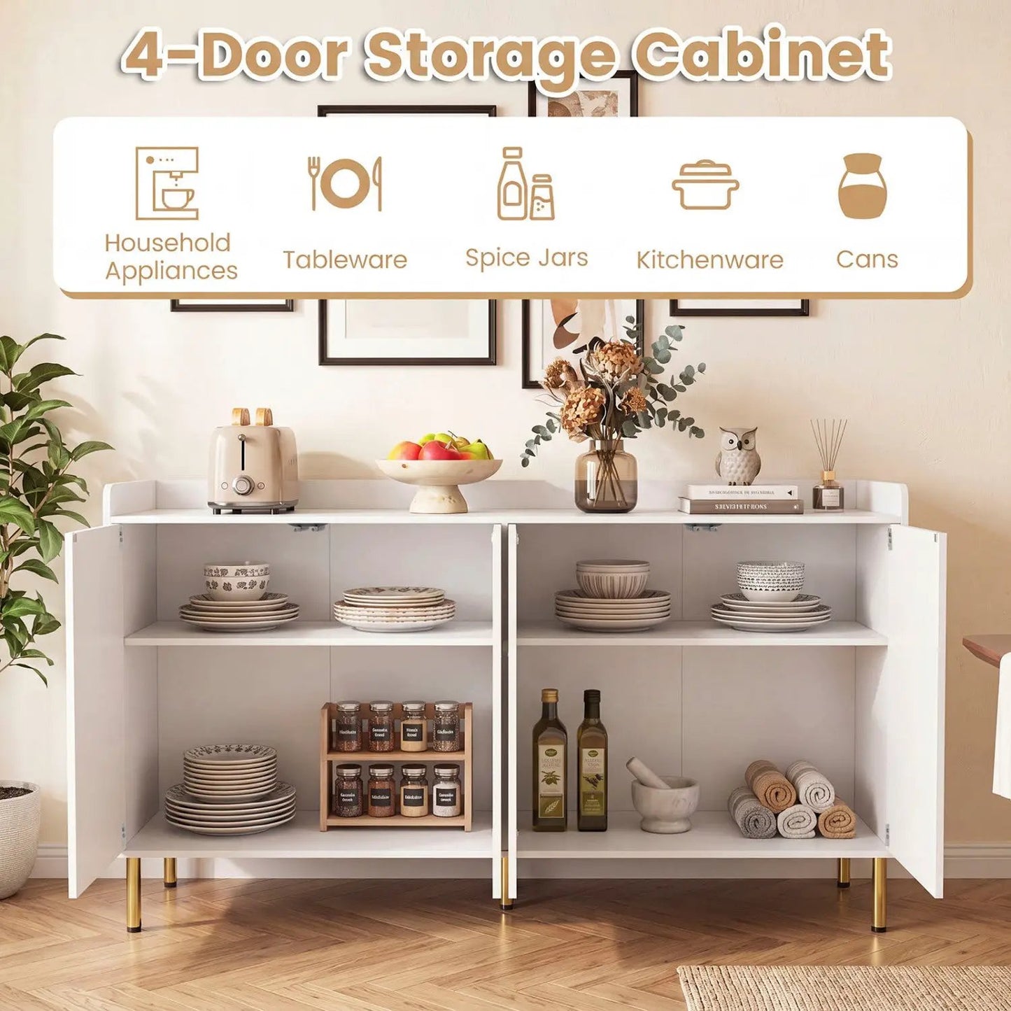 55 Inch Buffet Cabinet 4 Doors and Metal Legs