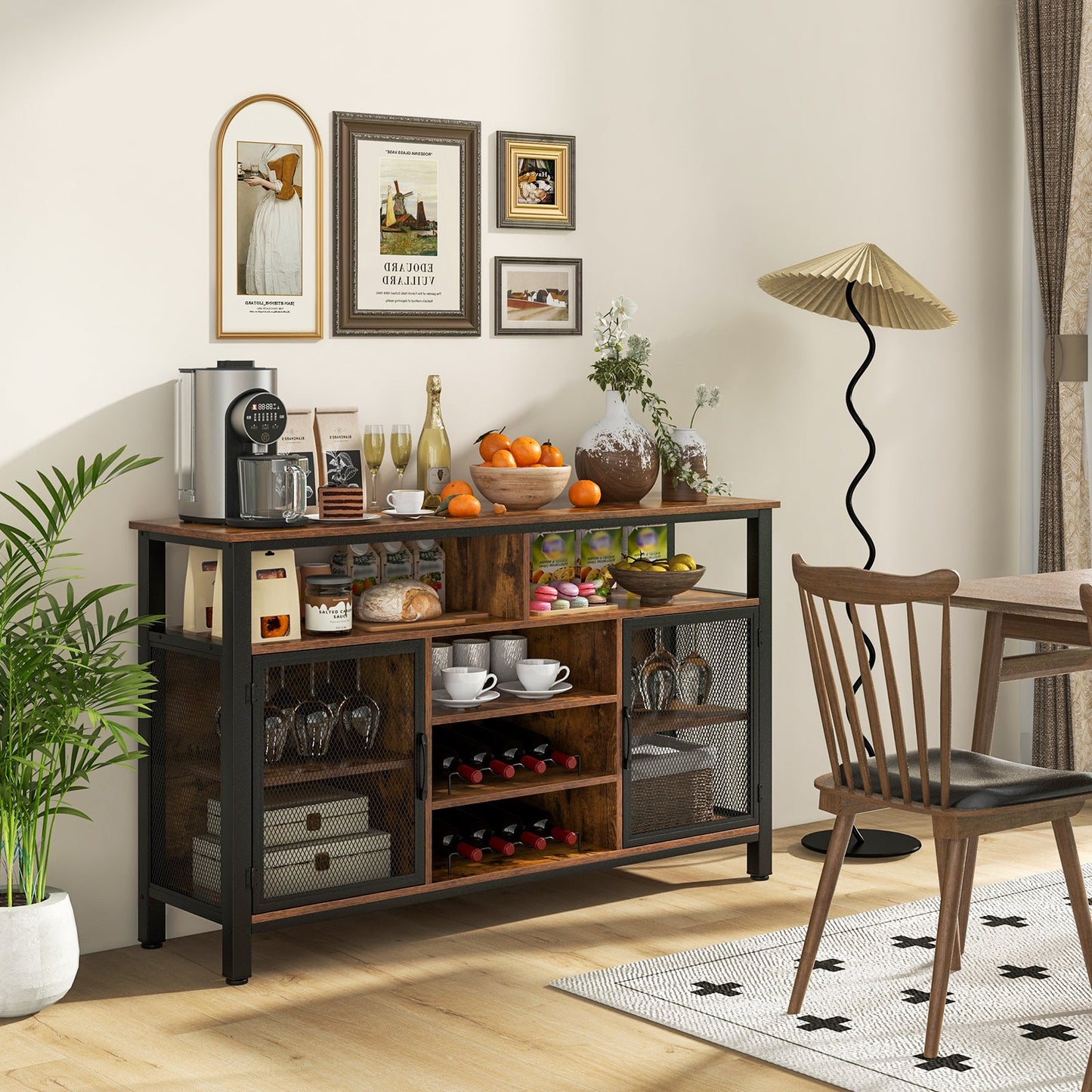 Aparador de 55 pulgadas con botellero para 8 botellas y soporte para copas de vino - Marrón rústico