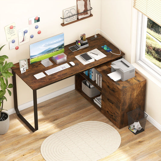 55 Inch Reversible L Shaped Desk with 3 Drawers Home Office Desk with Adjustable Shelf - Tampa Home & Garden Store