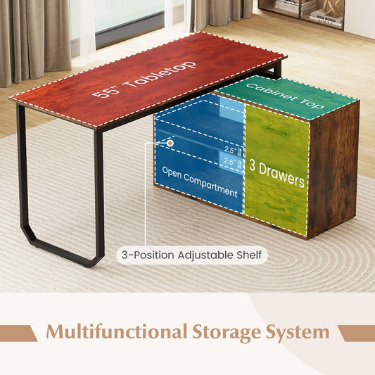 55 Inch Reversible L Shaped Desk with 3 Drawers Home Office Desk with Adjustable Shelf - Tampa Home & Garden Store