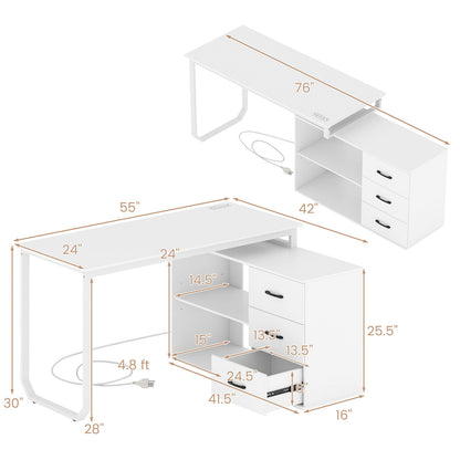 55 Inch Reversible L Shaped Desk with 3 Drawers Home Office Desk with Adjustable Shelf