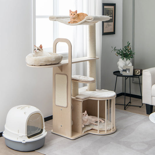 55 Inch Tall Multi-Level Cat Tree with Washable Removable Cushions-Natural - Tampa Home & Garden Store