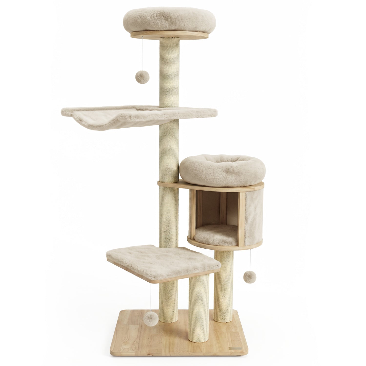 55-inch solid rubber wood cat tree with beige plush condo, hammock, and platforms on Tampa Home & Garden Store