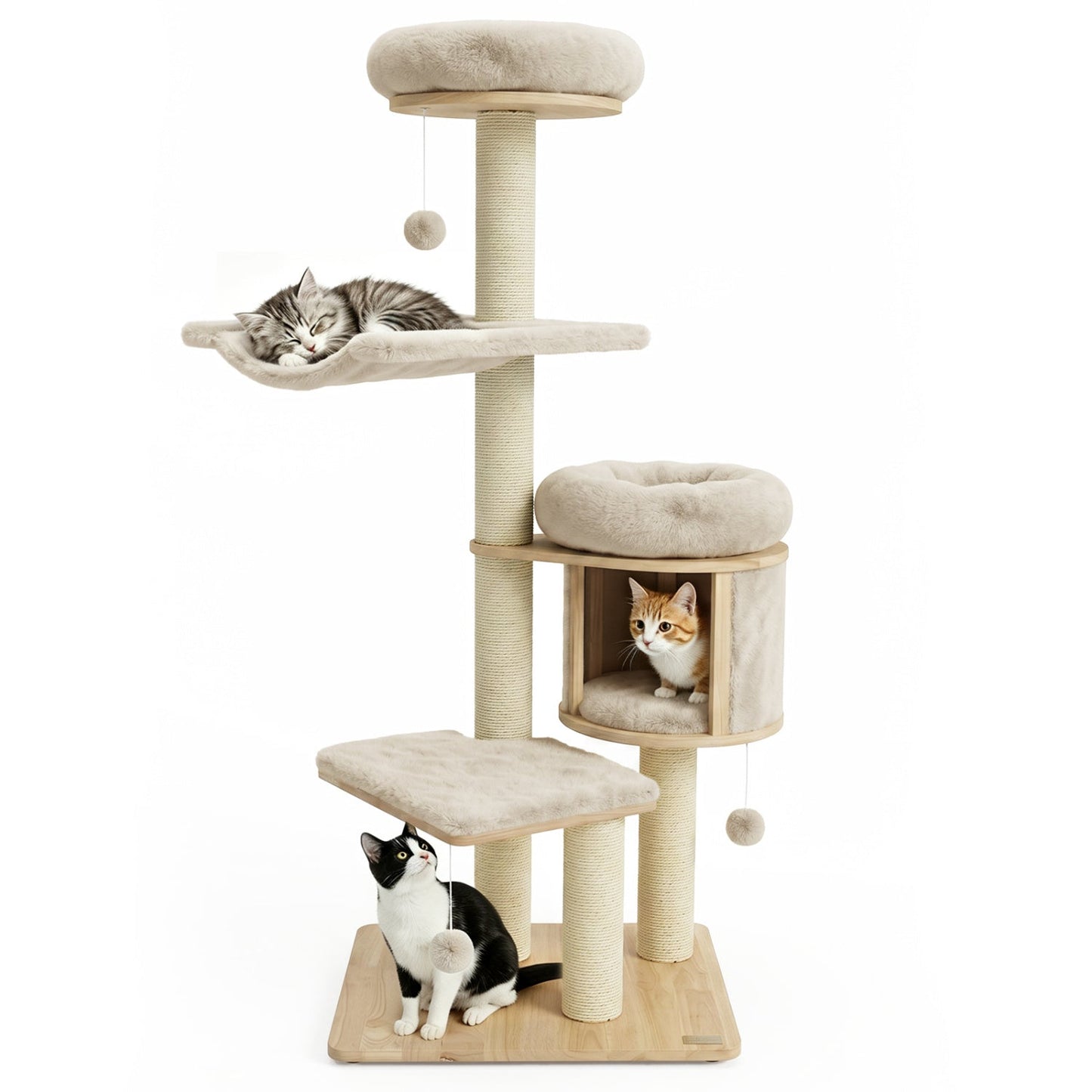55-inch Solid Rubber Wood Cat Tree with Condo & Hammock beige DirectDeals; sisal posts plush perches on Tampa Home & Garden Store