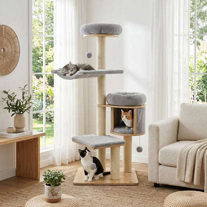55in solid rubber wood cat tree with condo and hammock by DirectDeals gray cushions on Tampa Home & Garden Store