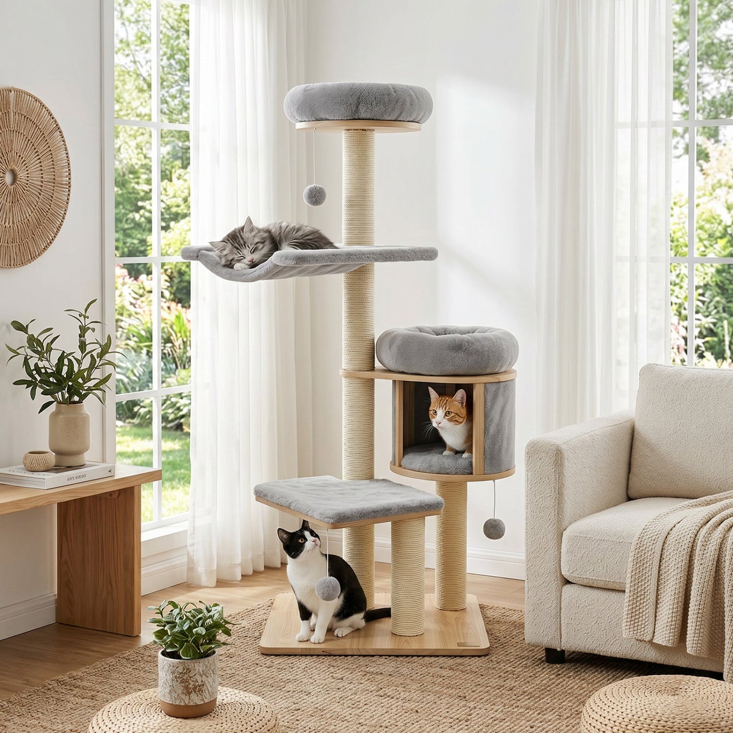 Cat Tree 55in solid rubber wood with condo and hammock grey plush cushions DirectDeals on Tampa Home & Garden Store