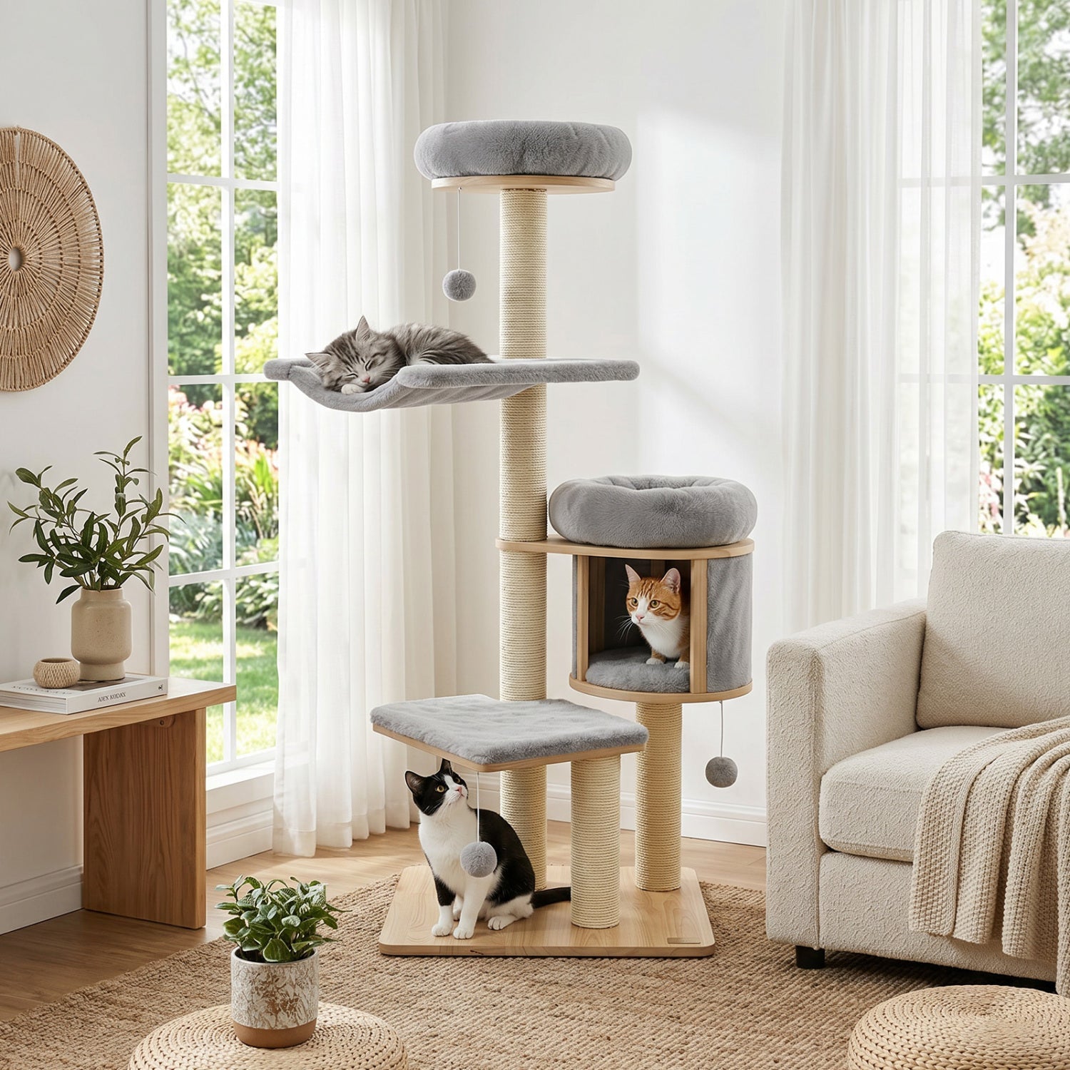 Cat Tree 55in solid rubber wood with condo and hammock grey plush cushions DirectDeals on Tampa Home & Garden Store
