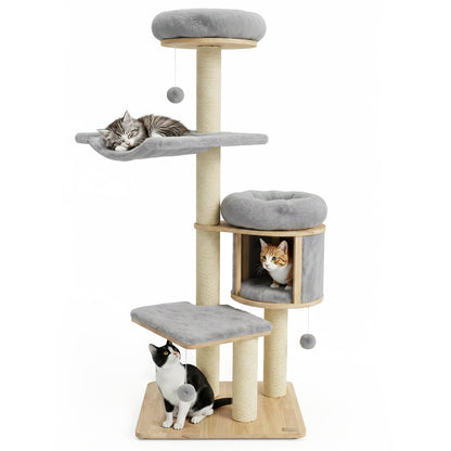 55-inch Solid Rubber Wood Cat Tree with condo & hammock by DirectDeals; gray plush cushions on Tampa Home & Garden Store