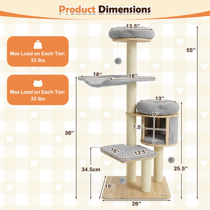 55-inch solid rubber wood cat tree with condo and hammock, gray cushions, sisal posts DirectDeals on Tampa Home & Garden Store