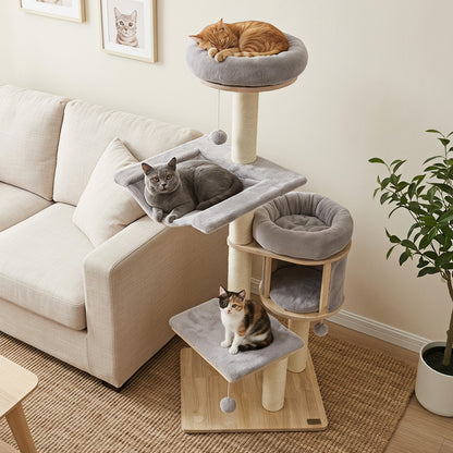 55-inch solid rubber wood cat tree with condo and hammock in gray, two cats, DirectDeals on Tampa Home & Garden Store