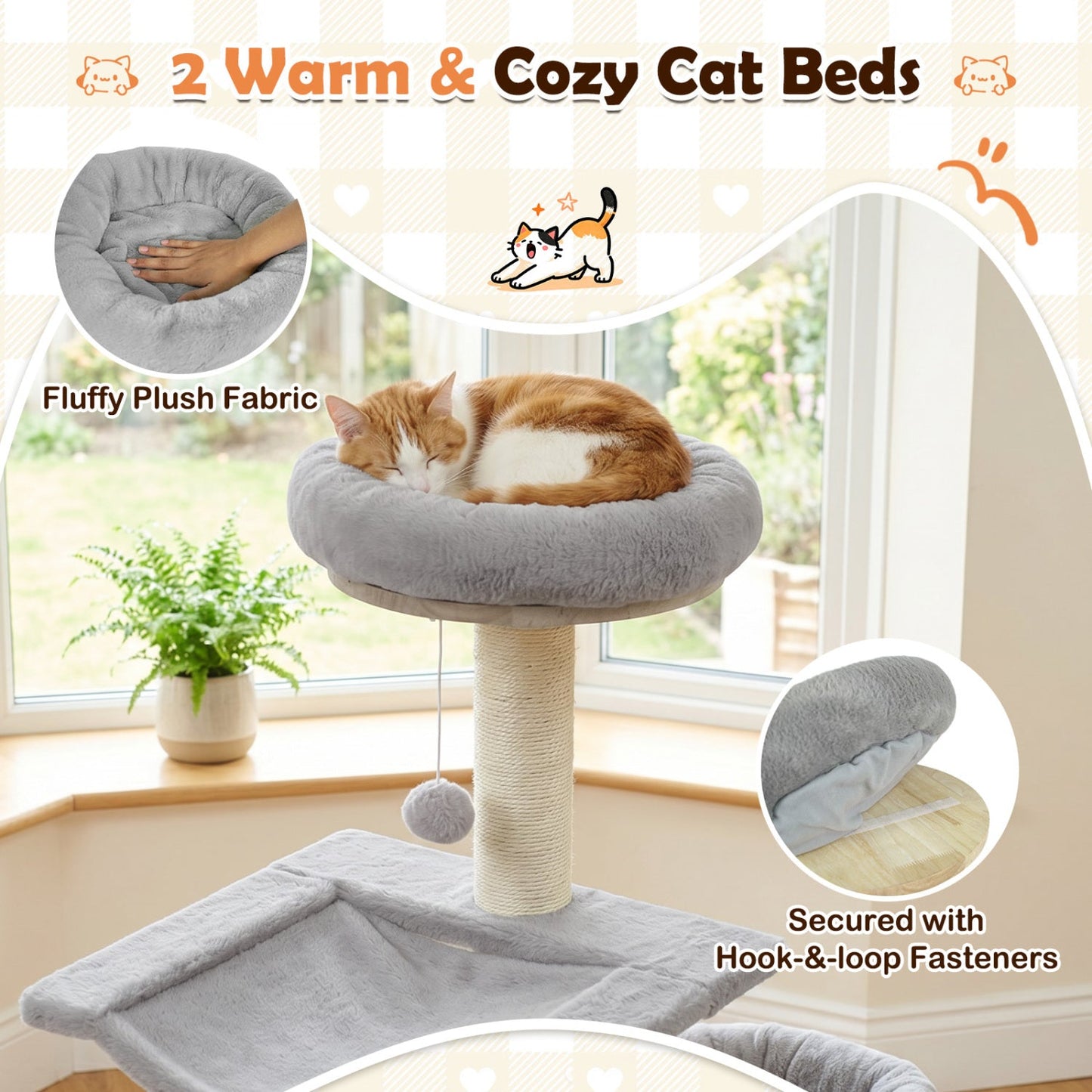 55in Solid Rubber Wood Cat Tree with condo & hammock in gray plush fabric DirectDeals on Tampa Home & Garden Store