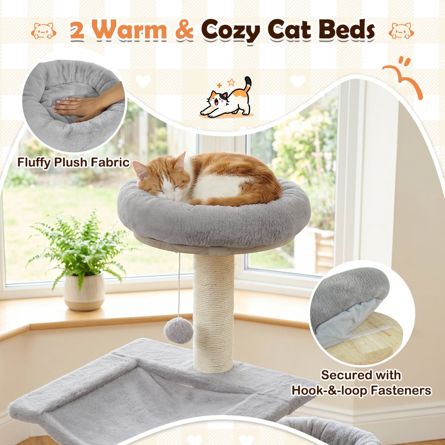 55in Solid Rubber Wood Cat Tree with condo & hammock in gray plush fabric DirectDeals on Tampa Home & Garden Store