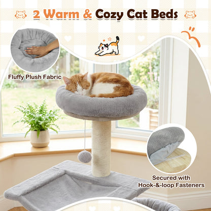 55in Solid Rubber Wood Cat Tree with condo & hammock in gray plush fabric DirectDeals on Tampa Home & Garden Store