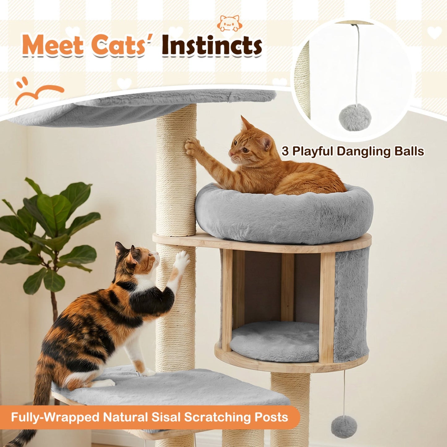 55in Cat Tree by DirectDeals with condo and hammock, gray plush beds, natural sisal posts on Tampa Home & Garden Store