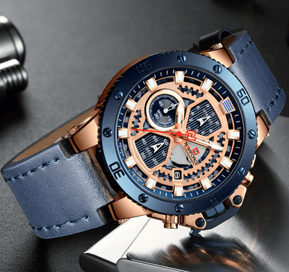 Stevvex men's waterproof watch with blue bezel, rose-gold case, skeleton dial, leather strap on Tampa Home & Garden Store