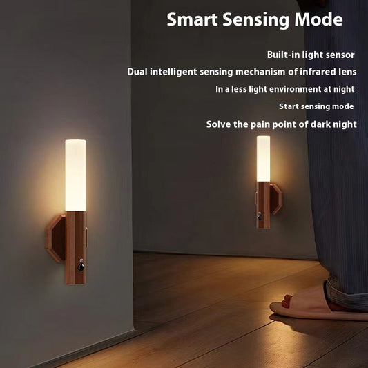 Wood grain motion sensor night light LED wall lamp with 180° rotating base, 2 units on Tampa Home & Garden Store