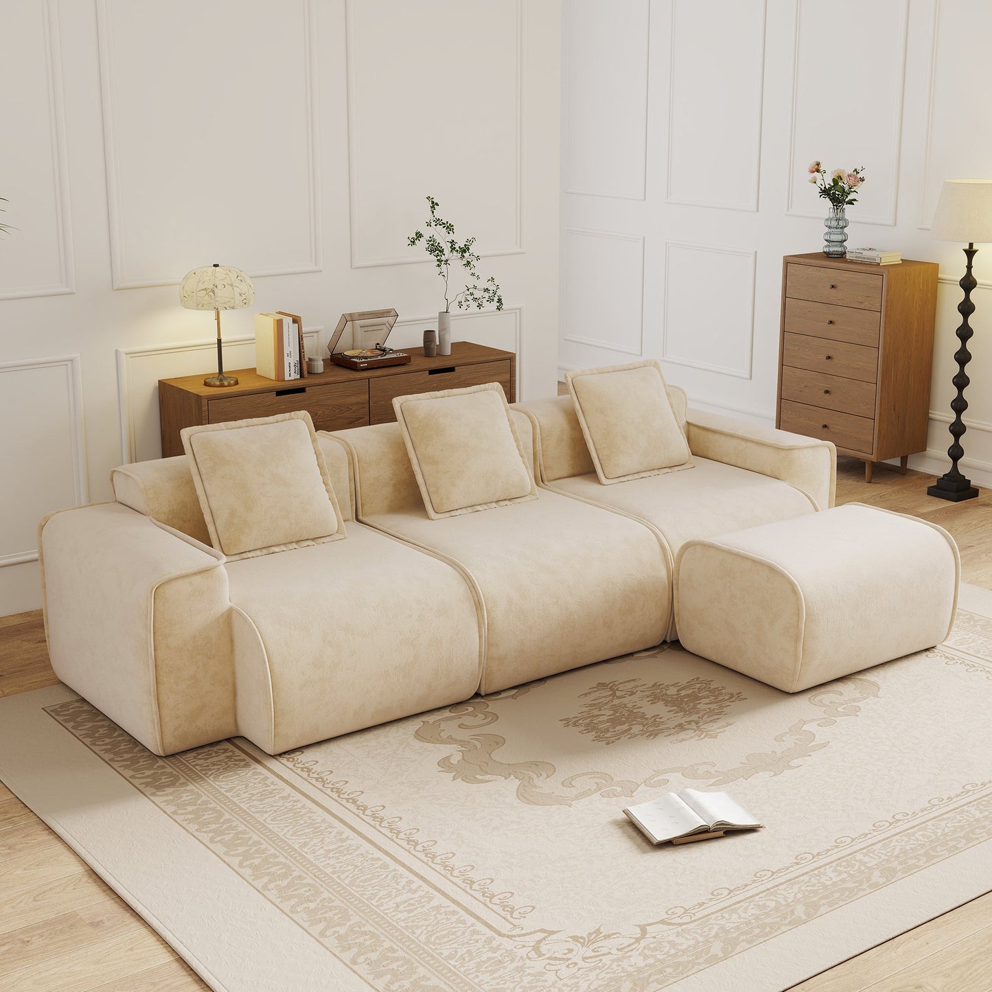 Sofas: HouseOfZazla streamlined modular 3-seat L-shape sectional in beige fabric on Tampa Home & Garden Store