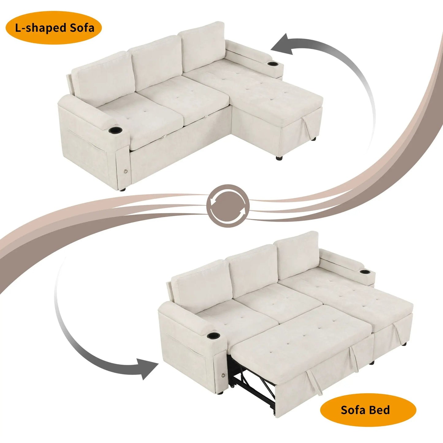 Beige fabric convertible L-shaped sofa bed with cup holders USB ports Unique Piece Furniture on Tampa Home & Garden Store