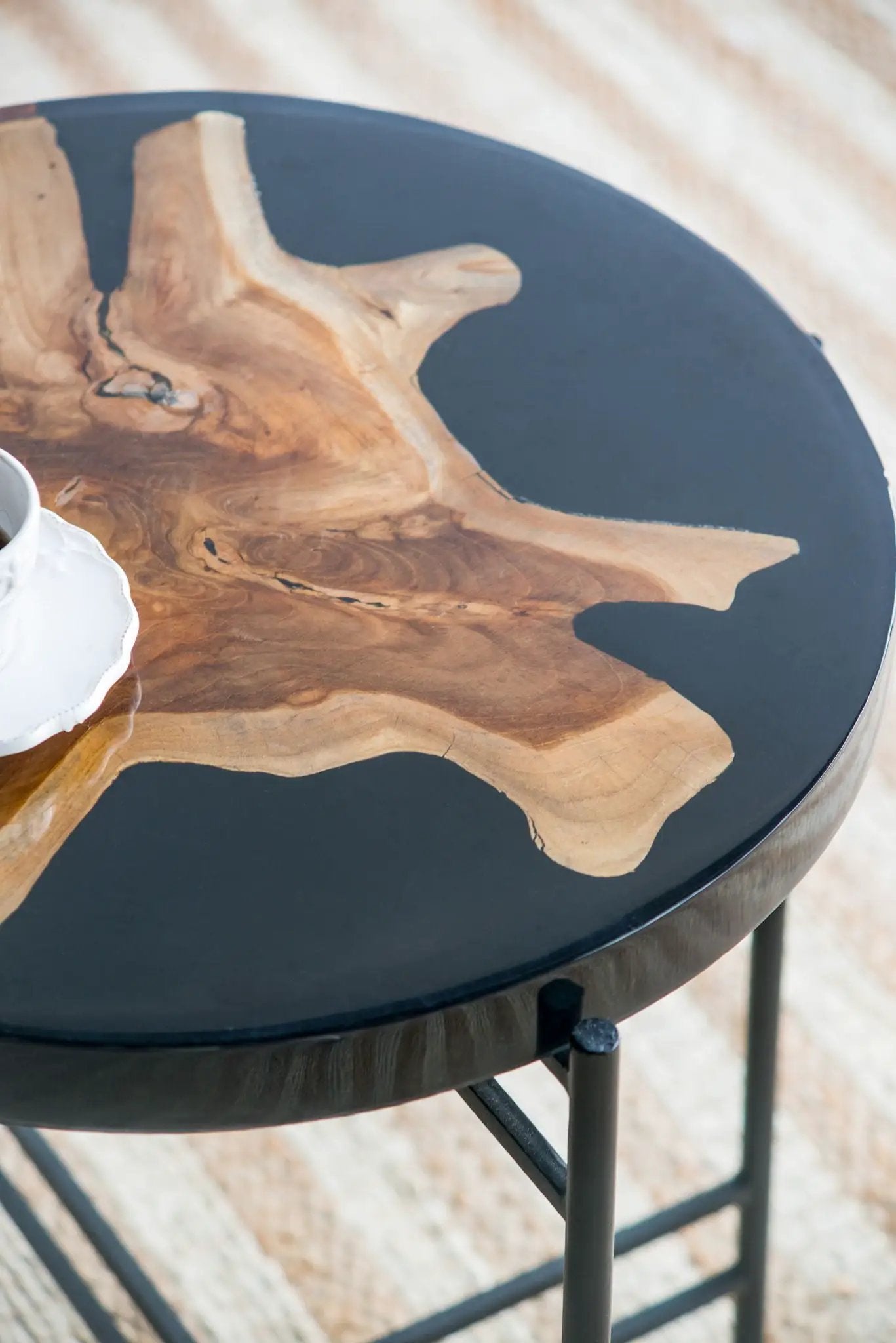Side table black metal frame with brown live-edge wood top Unique Piece Furniture on Tampa Home & Garden Store