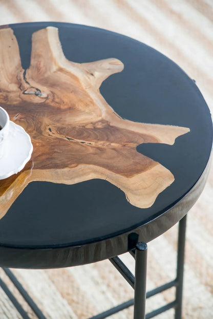 Side table black metal frame with brown live-edge wood top Unique Piece Furniture on Tampa Home & Garden Store
