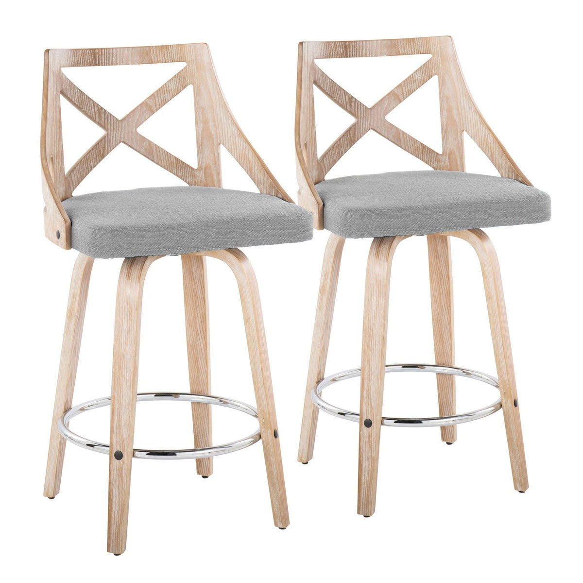 Farmhouse counter stools set of 2 with gray fabric seats and X-back wooden frames swivel on Tampa Home & Garden Store