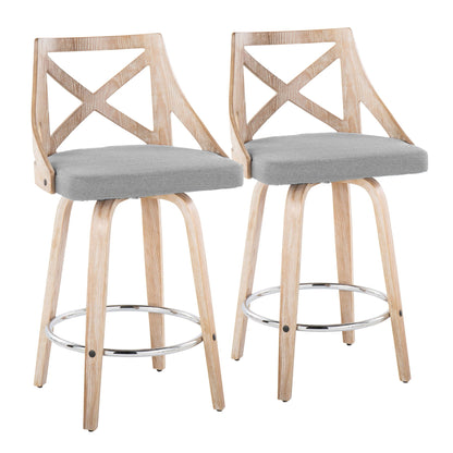 Farmhouse counter stools set of 2 with gray fabric seats and X-back wooden frames swivel on Tampa Home & Garden Store
