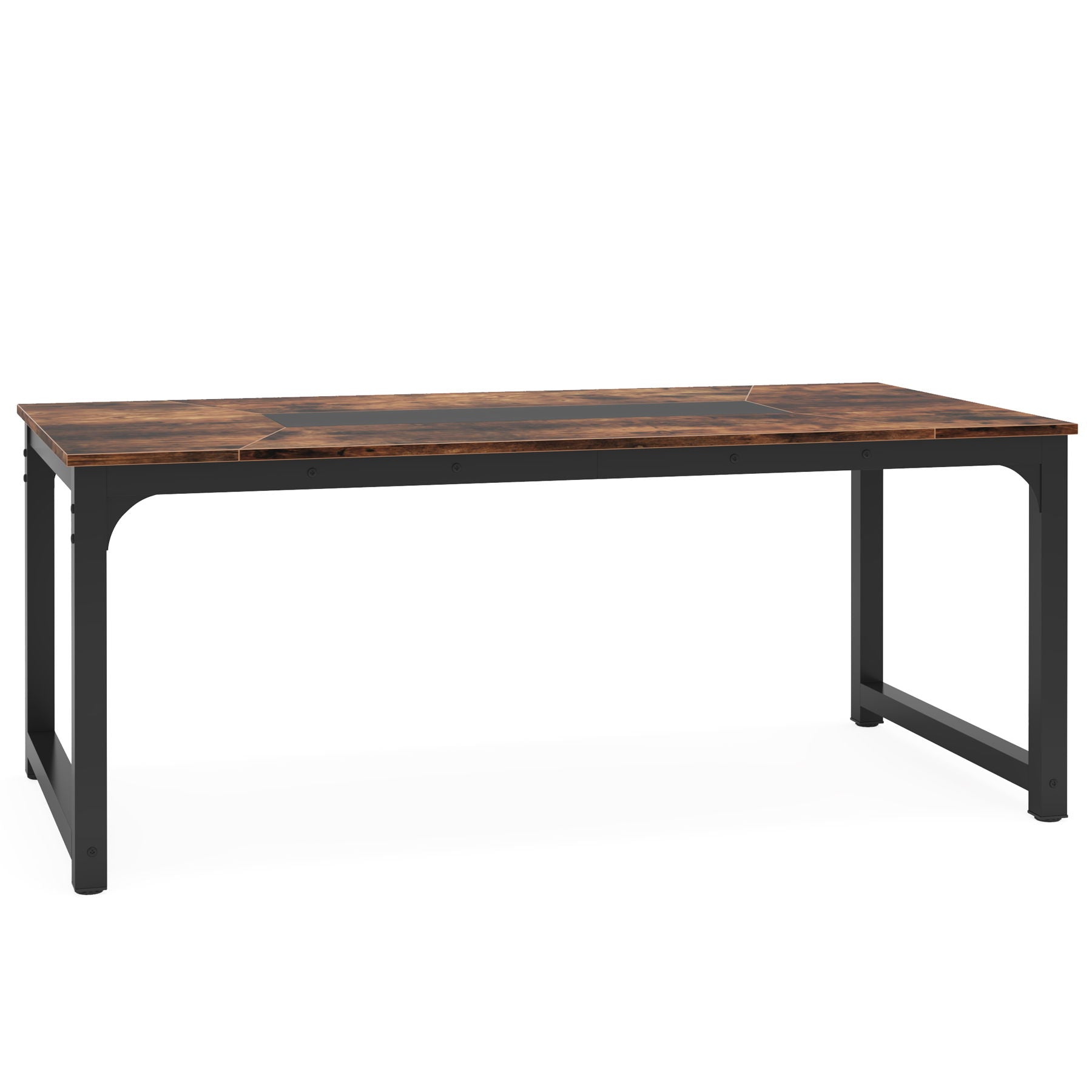 Rectangular dining table with brown wood top, black metal frame, dark central inlay on Tampa Home & Garden Store