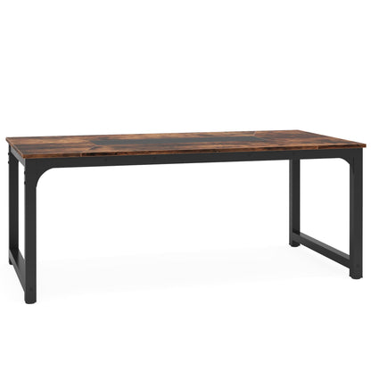 Rectangular dining table with brown wood top, black metal frame, dark central inlay on Tampa Home & Garden Store