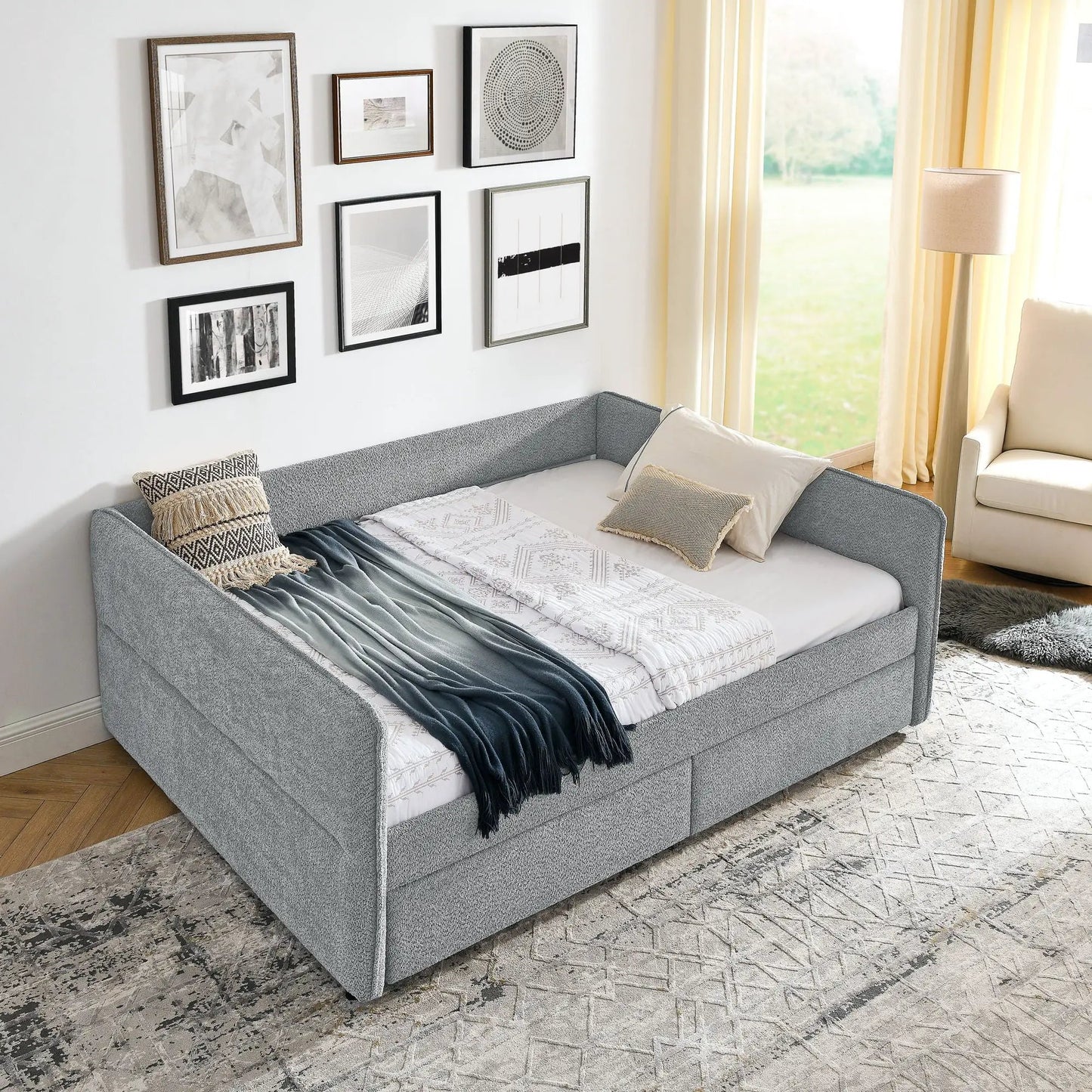 Upholstered daybed with gray fabric and 2 drawers by Unique Piece Furniture, storage bed on Tampa Home & Garden Store