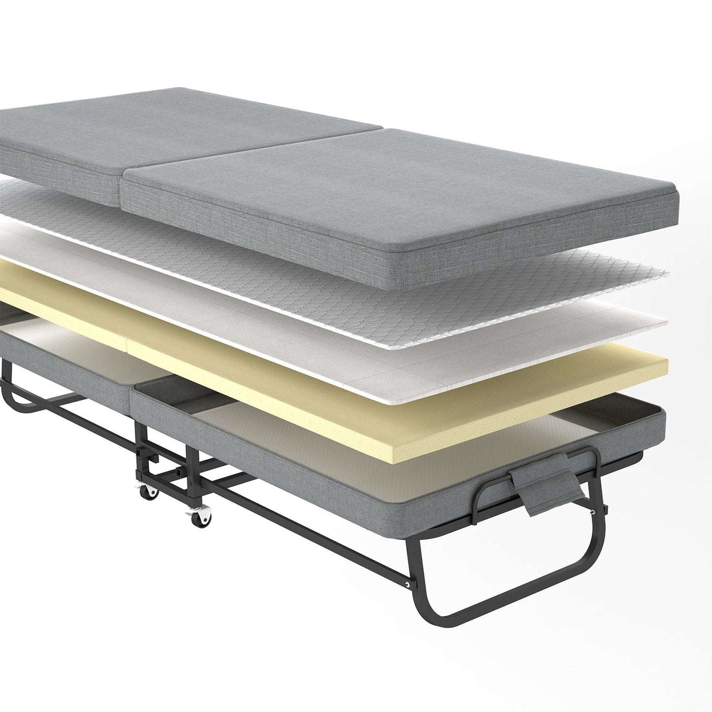 75-inch folding bed with memory foam mattress, gray upholstery, black metal frame on casters on Tampa Home & Garden Store