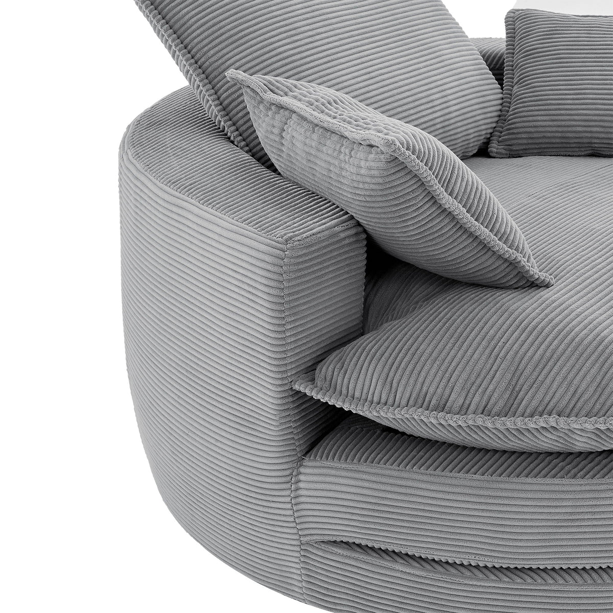 Swivel barrel chair with cushion and pillows in gray corduroy fabric on Tampa Home & Garden Store