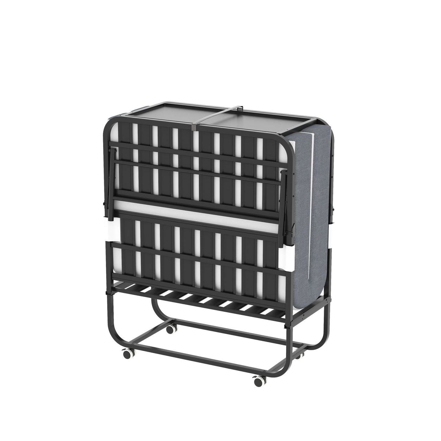 Twin folding bed on wheels with black metal frame, compact rollaway design on Tampa Home & Garden Store