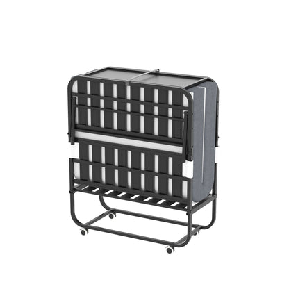 Twin folding bed on wheels with black metal frame, compact rollaway design on Tampa Home & Garden Store