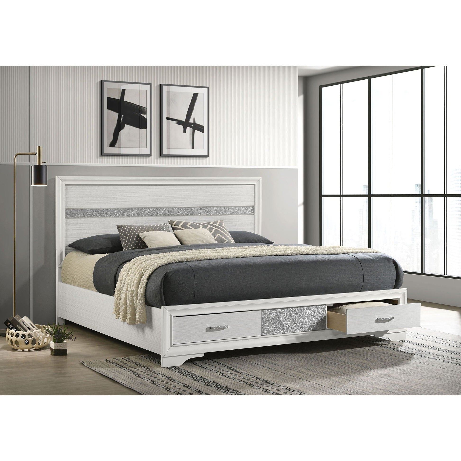 Storage Platform Bed 2 Drawer white frame with two under-bed drawers, gray bedding, HouseOfZazla on Tampa Home & Garden Store