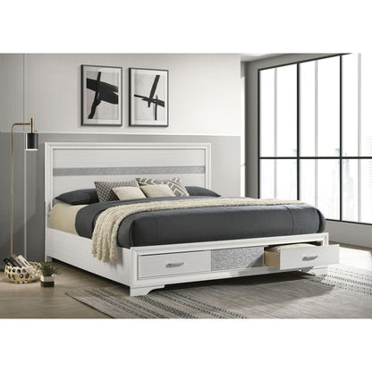 Storage Platform Bed 2 Drawer white frame with two under-bed drawers, gray bedding, HouseOfZazla on Tampa Home & Garden Store