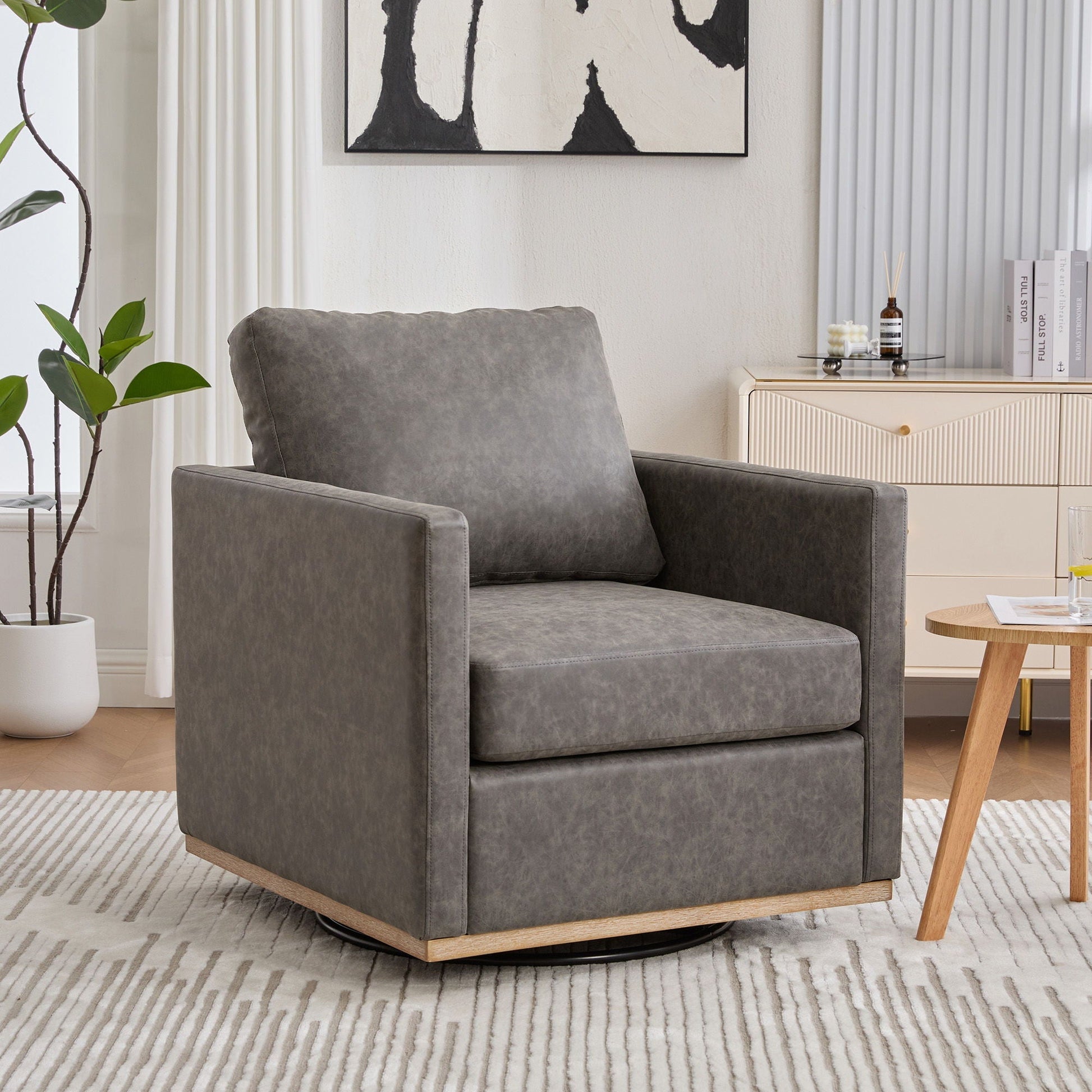 Modern upholstered square swivel accent chair with 360 rotation in gray fabric and wooden base on Tampa Home & Garden Store