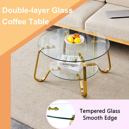 Double-layer glass coffee table with gold legs and dual round glass shelves on Tampa Home & Garden Store