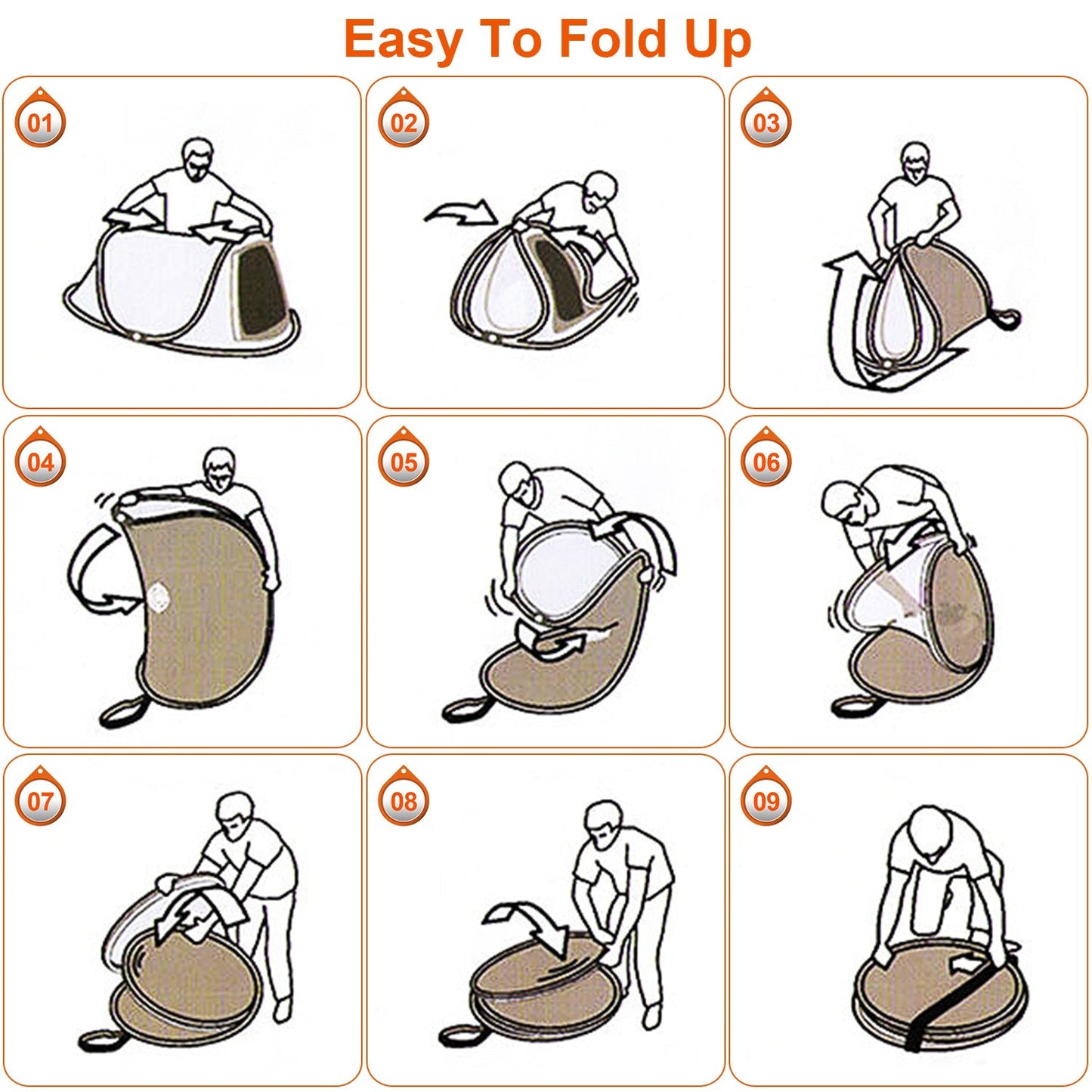 GemGear 3-4 Person Pop Up Tent folding steps diagram showing 9 stages for easy packing on Tampa Home & Garden Store