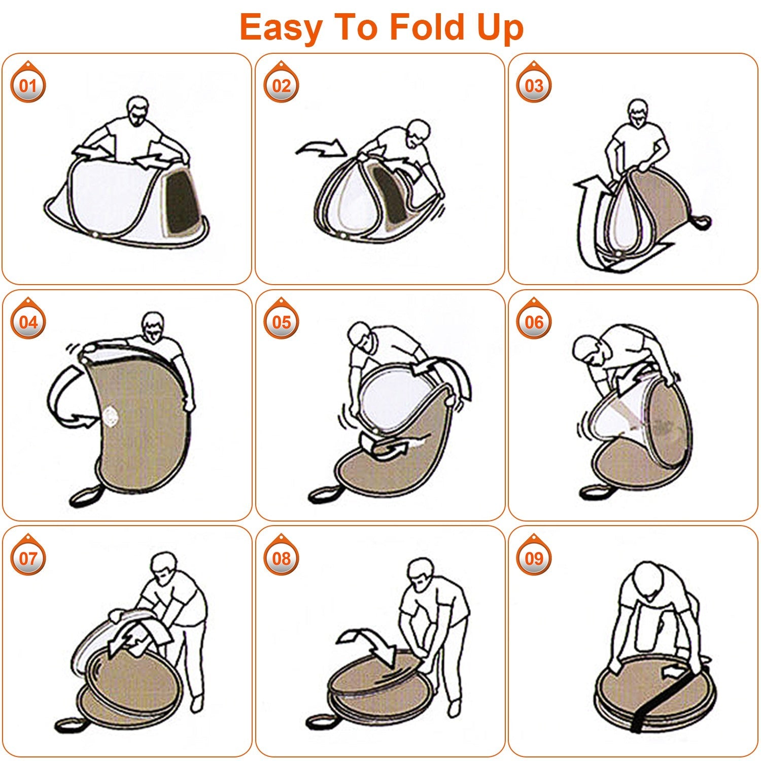 GemGear 3-4 Person Pop Up Tent folding steps diagram showing 9 stages for easy packing on Tampa Home & Garden Store