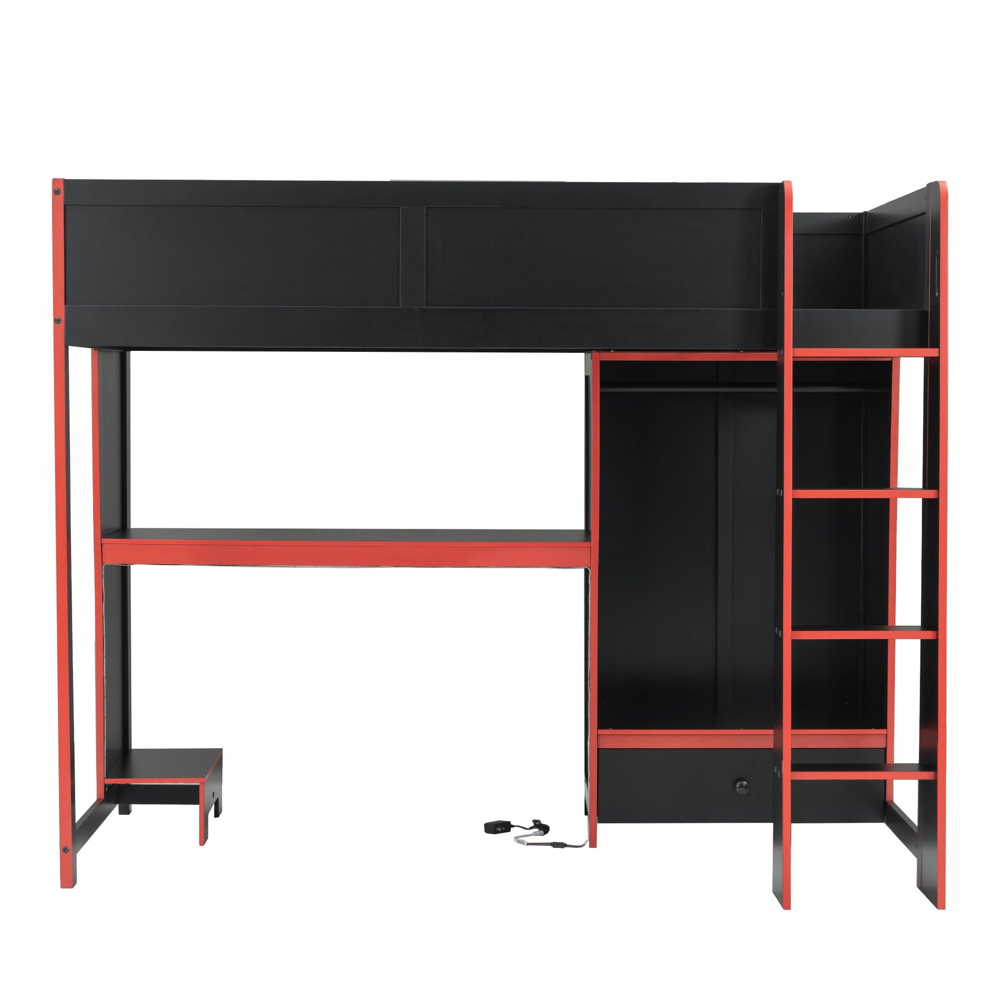 Gaming Loft Bed with Built-In Desk and Wardrobe in black with red frame by HouseOfZazla on Tampa Home & Garden Store