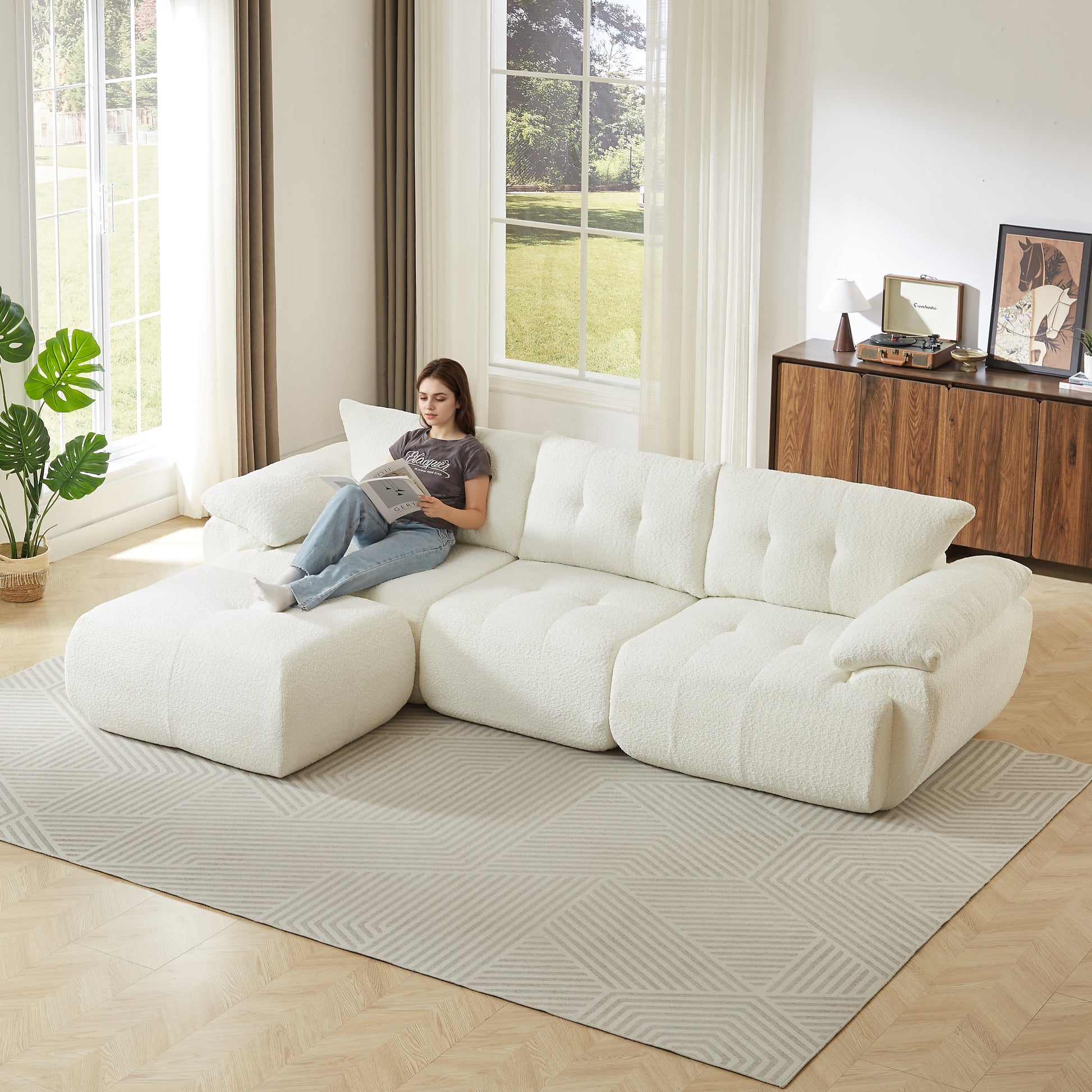 115-inch Large Modern 3-Seater Sofa by HouseOfZazla in white textured upholstery on Tampa Home & Garden Store